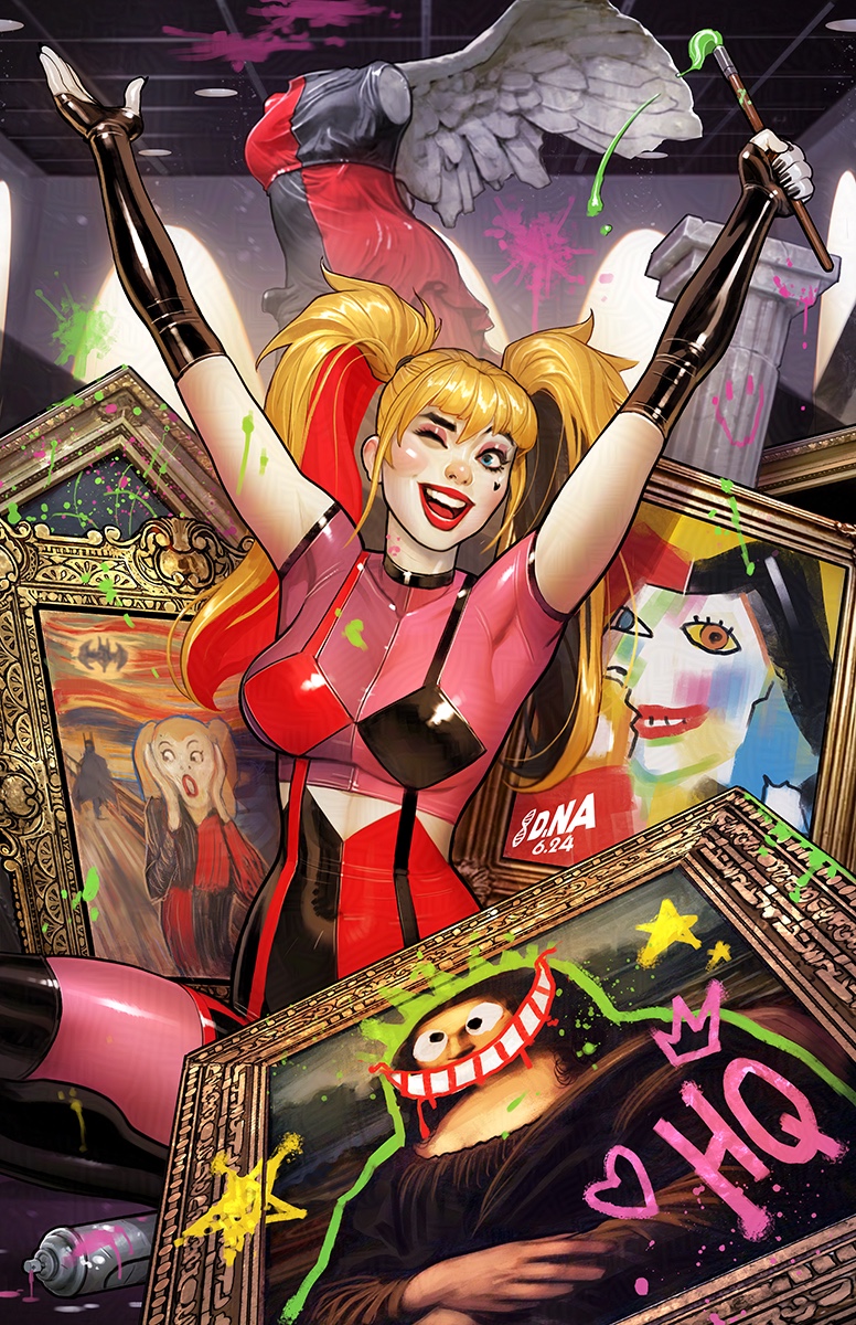 1girl alternate_costume arms_up batman_(series) black_gloves black_hair blonde_hair blue_eyes breasts colored_skin david_nakayama dc_comics elbow_gloves fine_art_parody fingerless_gloves gloves graffiti harley_quinn heart_on_cheek highres holding holding_paintbrush indoors long_hair medium_breasts mona_lisa multicolored_hair one_eye_closed open_mouth paintbrush painting_(object) parody red_hair red_lips sitting solo spray_paint twintails white_skin