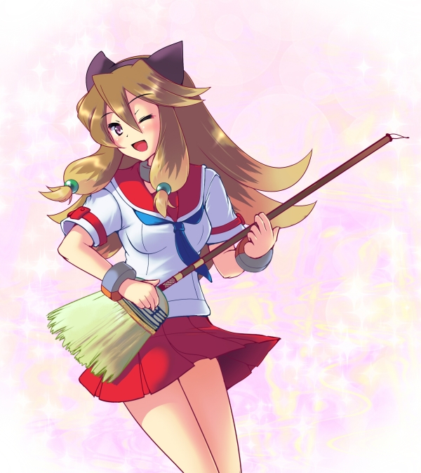 1girl air_guitar animal_ears aq_interactive arcana_heart arcana_heart_2 bracelet broom brown_hair dog_ears grin hair_bobbles hair_ornament inuwaka_akane jewelry kasabou long_hair looking_at_viewer multicolored_hair one_eye_closed open_mouth purple_eyes school_uniform serafuku skirt smile two-tone_hair unconventional_guitar wink