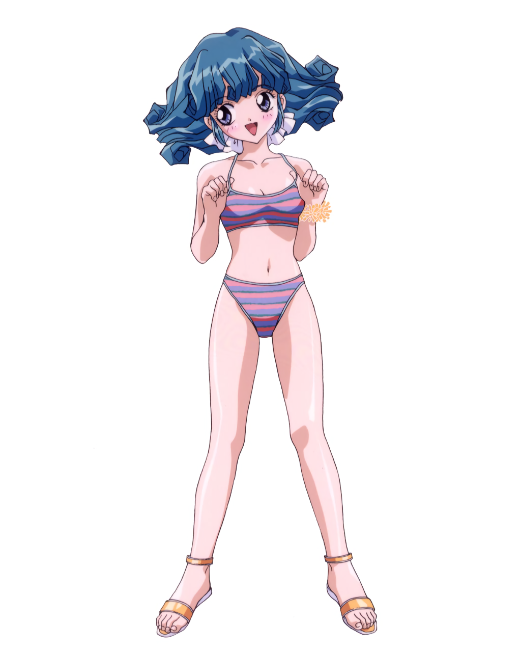 1990s_(style) 1girl adjusting_clothes adjusting_swimsuit aqua_hair bikini blue_eyes blush female_focus full_body highres long_hair navel open_mouth retro_artstyle rolfee sandals simple_background solo striped_bikini striped_clothes swimsuit tadano_kazuko toes tonari_no_princess_rolfee white_background