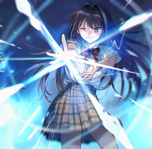1girl aki_(neyuki41028) aozaki_aoko artist_name black_hair blue_eyes bow bowtie brown_skirt casting_spell long_hair magic mahou_tsukai_no_yoru one_eye_closed plaid_clothes plaid_skirt red_bow red_bowtie shirt skirt solo standing twitter_username white_shirt
