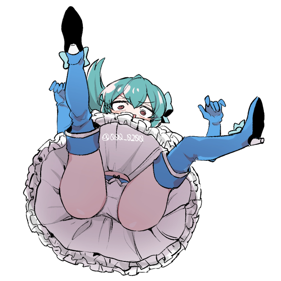 1girl an_sin aqua_hair boots bow from_below gloves hair_bow magia_azure magical_girl mahou_shoujo_ni_akogarete minakami_sayo panties pantyshot red_eyes simple_background skirt solo underwear white_background