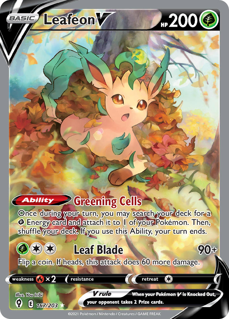 :o animal_focus artist_name autumn_leaves brown_eyes card_(medium) character_name company_name copyright_name copyright_notice day english_text gen_4_pokemon grass iribi_you leaf leaf_on_head leaf_pile leafeon nintendo no_humans official_art open_mouth outdoors pokemon pokemon_(creature) pokemon_card pokemon_focus pokemon_tcg solo third-party_source trading_card tree