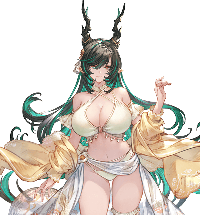 1girl alternate_costume bare_shoulders bikini black_hair breasts colored_inner_hair cowboy_shot criss-cross_halter dragon_horns draph floating_hair gradient_eyes granblue_fantasy green_eyes green_streaks hair_between_eyes hair_ornament halterneck hand_up horns huge_breasts jacket lace lace-trimmed_bikini lace_trim light_smile long_hair looking_at_viewer minaba_hideo multicolored_eyes multicolored_hair o-ring o-ring_top off-shoulder_bikini off_shoulder official_art payila_(granblue_fantasy) pointy_ears print_sarong red_eyes sarong see-through_clothes see-through_sarong solo solo_focus straight-on streaked_hair swimsuit tachi-e thigh_strap third-party_source transparent_background very_long_hair white_bikini yellow_jacket