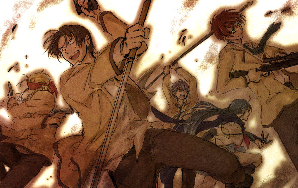 10s 1girl 4boys angel_beats! axe bad_id bad_pixiv_id battle battle_axe epic fujimaki_(angel_beats!) group_battle gun multiple_boys noda_(angel_beats!) ooyama_(angel_beats!) robata school_uniform sepia shiina_(angel_beats!) shirasaya sword tk_(angel_beats!) weapon
