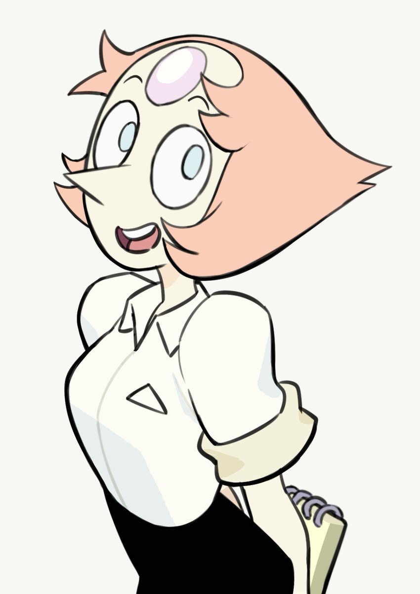arms_behind_back blue_eyes colored_skin flat_chest hata4564 highres looking_at_viewer open_mouth orange_hair pearl_(steven_universe) pointy_nose shirt short_hair smile steven_universe toon_(style) waitress white_background white_shirt white_skin