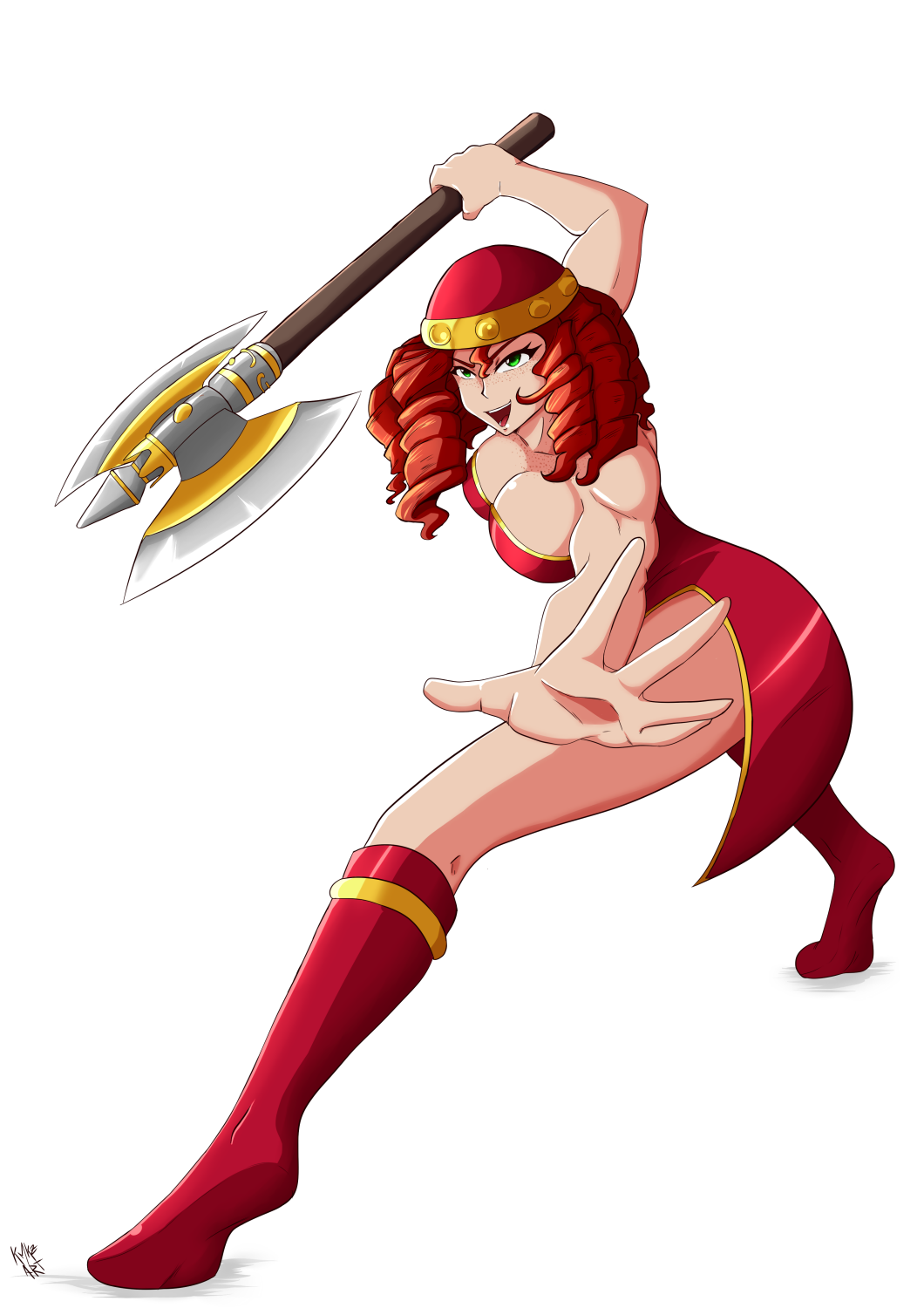 1girl action amazon amazon_warrior axe breasts cleavage drill_hair golden_axe green_eyes helmet highleg highleg_leotard highres kmkz-art large_breasts leotard long_hair muscular muscular_female open_mouth red_hair sega shiny_skin smile thick_thighs thighs zuburokka_(golden_axe)