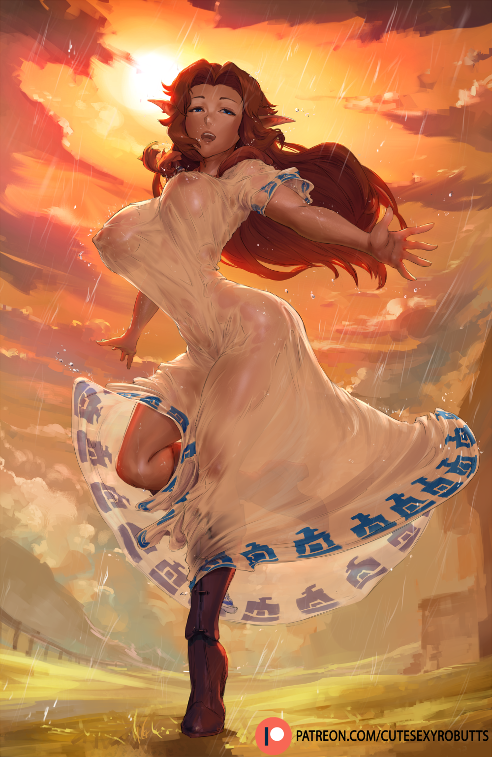 1girl aged_up backlighting blue_eyes boots bouncing_breasts breasts cloud commentary_request cremia curvy cutesexyrobutts female_focus high_heel_boots high_heels highres large_breasts long_hair looking_up malon nintendo nipples no_bra no_panties open_mouth pointy_ears rain red_hair see-through_clothes smile solo standing standing_on_one_leg sun sunburst the_legend_of_zelda the_legend_of_zelda:_majora&#039;s_mask the_legend_of_zelda:_ocarina_of_time thick_thighs thighs unaligned_breasts wet wet_clothes