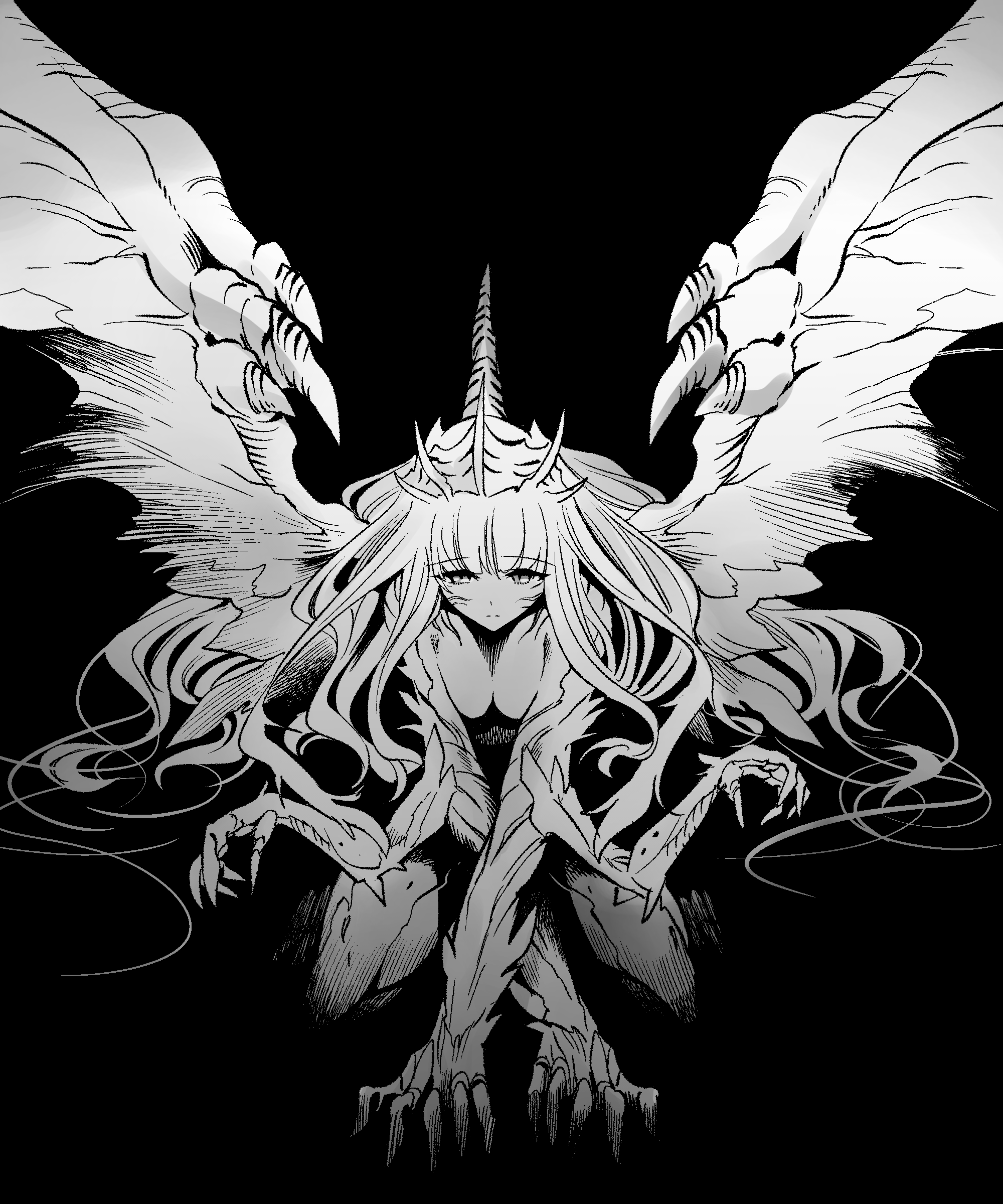 1girl absurdres black_background chimera claws facing_viewer highres kato_takuji kneeling monster_girl original solo wings
