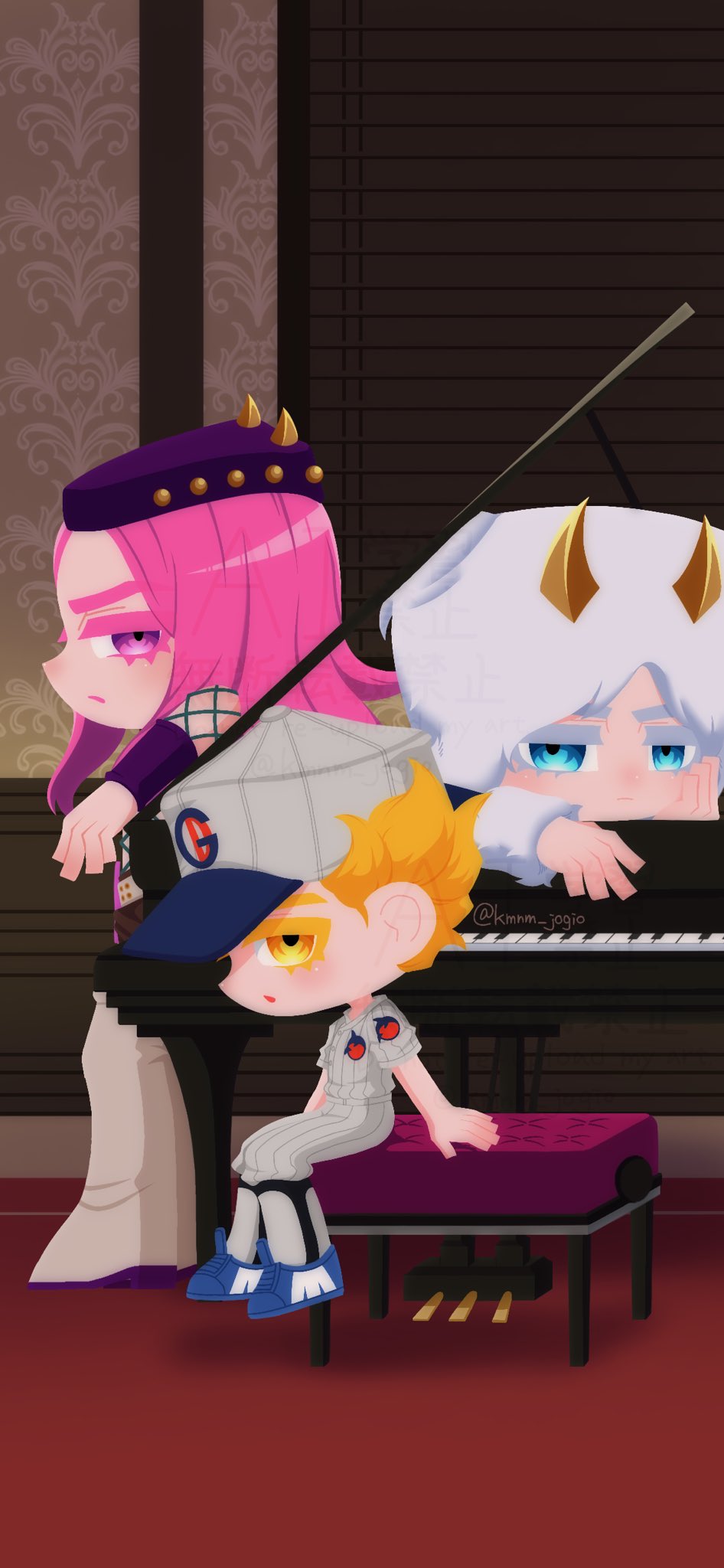 3boys baseball_cap baseball_uniform blonde_hair blue_eyes blue_shoes chibi child emporio_alnino fake_horns fishnet_sleeves fishnets fur-trimmed_sleeves fur_hat fur_trim grey_hat grey_pants grey_shirt grey_thighhighs hat highres horned_headwear horns indoors instrument jojo_no_kimyou_na_bouken kmnm_jogio long_hair looking_at_viewer male_focus multiple_boys narciso_anasui pants piano pink_eyes pink_hair purple_hat shirt shoes short_hair short_sleeves sitting sportswear stone_ocean thighhighs weather_report white_hat wristband yellow_eyes