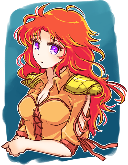 1girl bad_id bad_pixiv_id blue_background breasts cleavage female_focus hokuto_no_ken long_hair mamiya_(hokuto_no_ken) mayuzumi orange_hair purple_eyes shoulder_pads solo upper_body