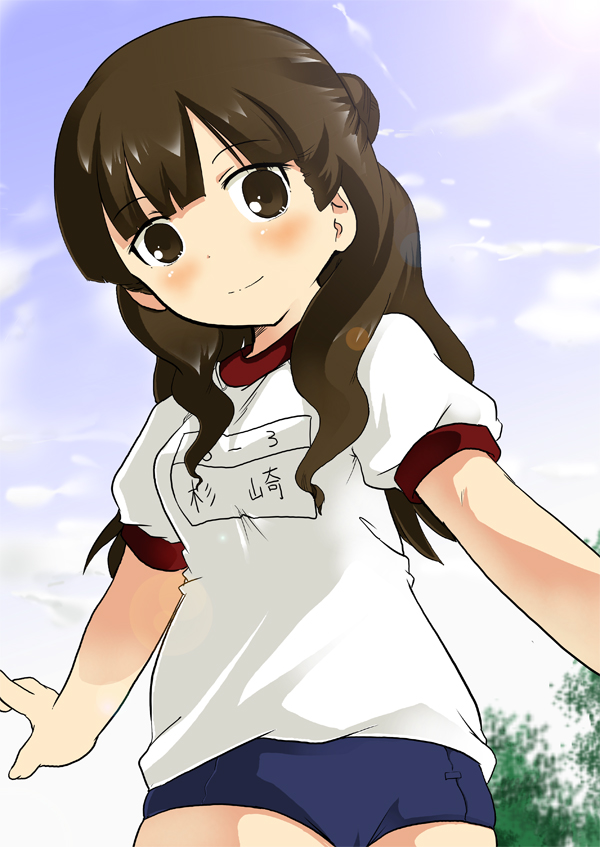 1girl blue_sky brown_hair buruma gym_uniform mitsudomoe_(manga) sky sugisaki_marina