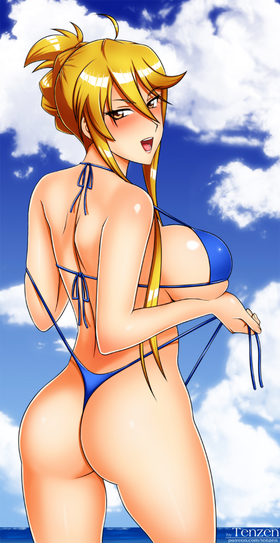 1girl ahoge ass back beach bikini blonde_hair blue_bikini braid braided_bun breasts day female_focus from_side hair_between_eyes hair_bun halterneck highleg highleg_bikini highschool_of_the_dead huge_breasts long_hair looking_at_viewer looking_back marikawa_shizuka micro_bikini ocean open_mouth outdoors parted_bangs side-tie_bikini_bottom skindentation solo standing string_bikini swimsuit tenzen_(netspike) thighs thong_bikini untied_bikini yellow_eyes