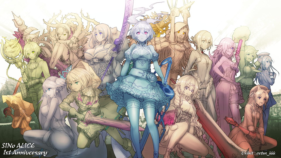 ahoge alice_(sinoalice) apron asymmetrical_bangs barefoot belt blue_eyes blue_hair blunt_bangs book braid breasts briar_rose_(sinoalice) cage cape cetus_kkk cheering choker cinderella_(sinoalice) cleavage cleavage_cutout closed_mouth clothing_cutout cup doll dorothy_(sinoalice) dress drink earrings food green_eyes green_hair gretel_(sinoalice) grey_hair grin gun hair_ornament hair_over_one_eye hair_ribbon hairband hand_on_own_hip hansel_(sinoalice) happy hat holding holding_book holding_gun holding_sword holding_weapon hood hood_up hungry japanese_clothes jewelry kaguya_(sinoalice) kimono lantern large_breasts ningyo_hime_(sinoalice) nutcracker_(sinoalice) one_eye_closed open_mouth pantyhose petticoat pinocchio_(sinoalice) polearm pom_pom_(cheerleading) purple_eyes purple_hair red_riding_hood_(sinoalice) ribbon saliva serious short_hair shorts sidelocks sinoalice skull smile snow_white_(sinoalice) staff sword teacup thighhighs thorns three_little_pigs_(sinoalice) tired torn_clothes torn_legwear trap twintails weapon zettai_ryouiki