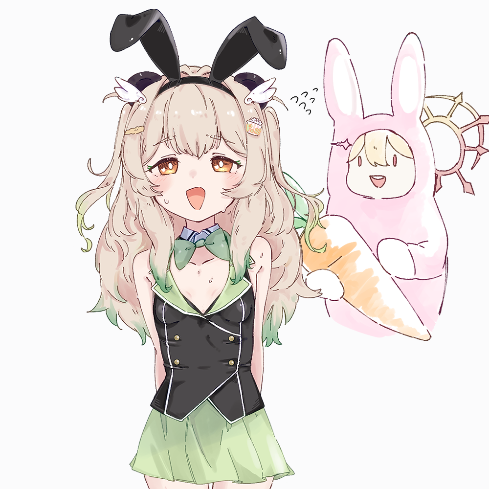 2girls :d alternate_costume amatsuna_sasaha animal_costume animal_ears arms_behind_back black_leotard blush bow bowtie breasts bright_pupils brown_hair buranka buttons carrot commentary_request cowboy_shot fake_animal_ears flower green_bow green_bowtie green_skirt halo hinata_mashu leotard long_hair looking_at_viewer multiple_girls nanashi_inc. open_mouth orange_eyes orange_halo panda_ears panda_girl rabbit_costume rabbit_ears simple_background skirt small_breasts smile solo_focus virtual_youtuber white_background white_pupils