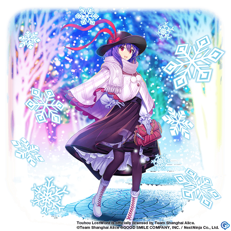 1girl :d adapted_costume bag black_hat black_skirt boots bow capelet commentary copyright_notice cross-laced_clothes english_commentary frilled_capelet frills full_body game_cg goodsmile_company hat hat_bow high_heel_boots high_heels holding holding_bag looking_at_viewer nagae_iku nagae_iku_(heaven&#039;s_illumination) open_mouth outdoors pantyhose plaid_capelet plaid_clothes purple_hair red_bow red_eyes rotte_(1109) scarf short_hair skirt smile snowflakes snowing solo third-party_source touhou touhou_lostword white_boots white_capelet white_scarf