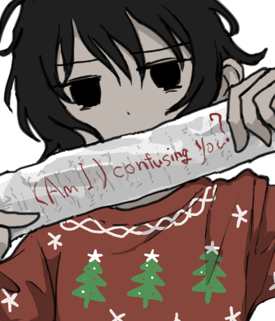1girl black_eyes black_hair christmas_sweater christmas_tree_print covered_mouth english_text furrowed_brow half-closed_eyes hands_up holding holding_paper looking_at_viewer messy_hair no_sclera original paper print_sweater red_sweater short_hair simple_background solo sweater umi_ha_kirai upper_body white_background