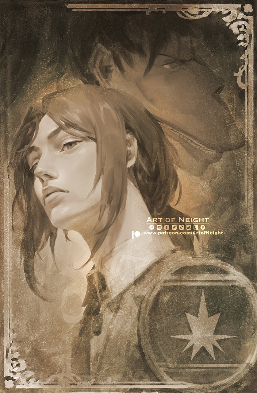 1girl art_of_neight black_hair brown_theme cart_titan collared_jacket expressionless from_below frown half-closed_eyes highres jacket lips looking_ahead medium_hair military_uniform parted_lips pieck_finger shingeki_no_kyojin titan_(shingeki_no_kyojin)