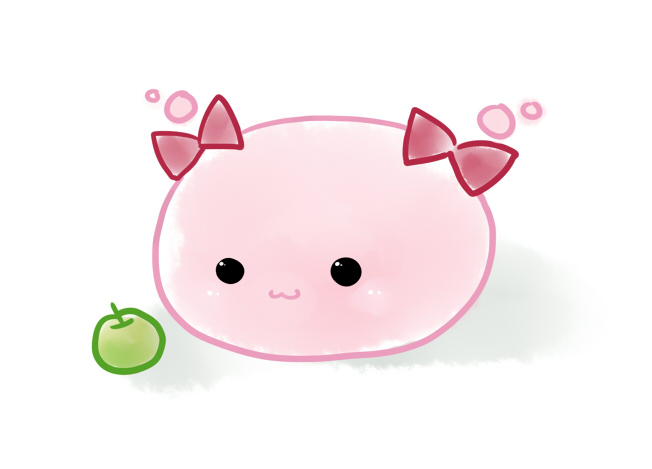 :3 apple bow commentary_request food fruit green_apple no_humans poring ragnarok_online red_bow sasamuke_pika simple_background slime_(creature) white_background