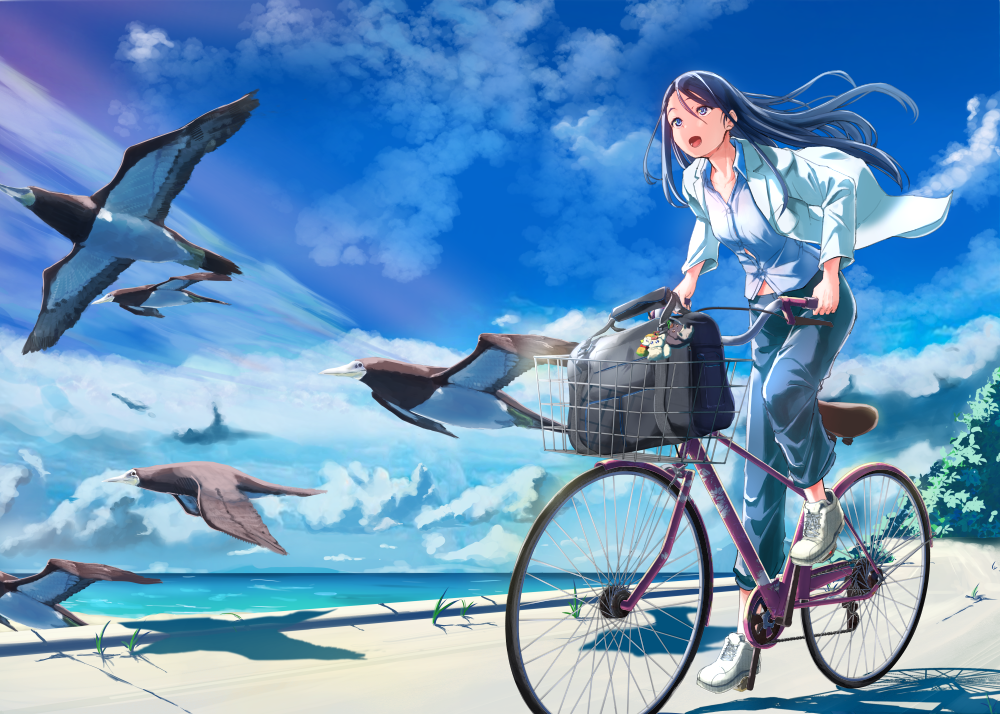 1girl aged_up bicycle bird black_bag blue_eyes blue_hair blue_pants booby_(bird) cloud dress_shirt grass hospital_gown jacket long_hair minazuki_karen ocean open_clothes open_jacket open_mouth pants precure riding riding_bicycle road shirt shoes sky sneakers solo thana tree white_jacket white_shirt white_shoes yes!_precure_5 yes!_precure_5_gogo!