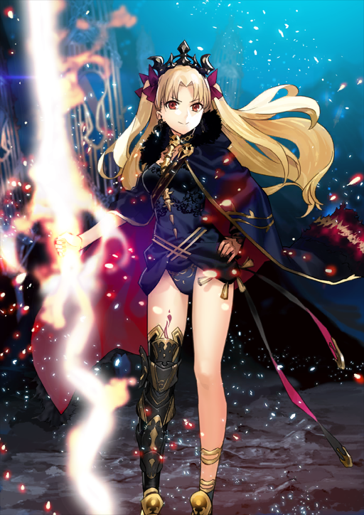 &gt;:) 1girl armored_legwear asymmetrical_legwear asymmetrical_sleeves black_choker black_leotard black_thighhighs blonde_hair blue_background bow breasts cape choker closed_mouth contrapposto curtained_hair earrings ereshkigal_(fate) fate/grand_order fate_(series) feet_out_of_frame fingernails floating_hair fur-trimmed_cape fur_trim glowing glowing_weapon gold_anklet hair_bow hand_on_own_hip holding holding_polearm holding_weapon jewelry leotard light_particles long_hair long_sleeves looking_at_viewer medium_breasts meslamtaea_(fate) morii_shizuki multiple_anklets nail_polish official_art polearm red_bow red_cape red_eyes sash shoulder_sash single_bare_leg single_thighhigh skull smile solo spear standing thighhighs third-party_source tiara two-sided_cape two-sided_fabric two_side_up v-shaped_eyebrows variant_set weapon