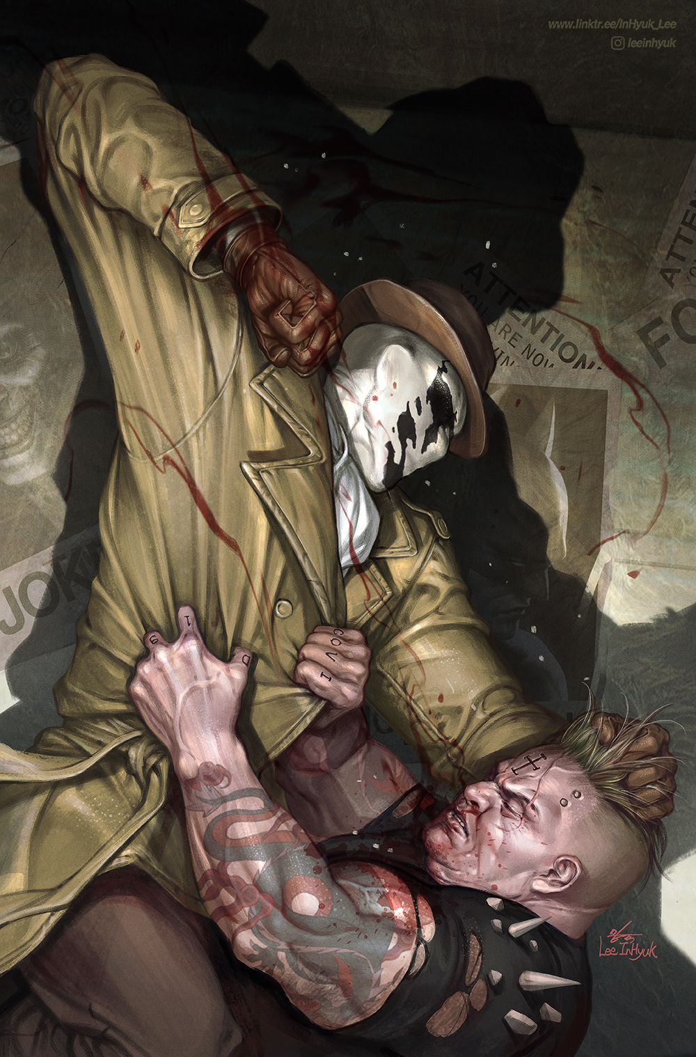 2boys arm_tattoo artist_name blood blood_on_face blood_on_wall coat fighting fighting_stance hat highres in-hyuk_lee inkblot inkblot_test male_focus mask mask_on_head multiple_boys rorschach shadow signature superhero_costume tattoo trench_coat watchmen