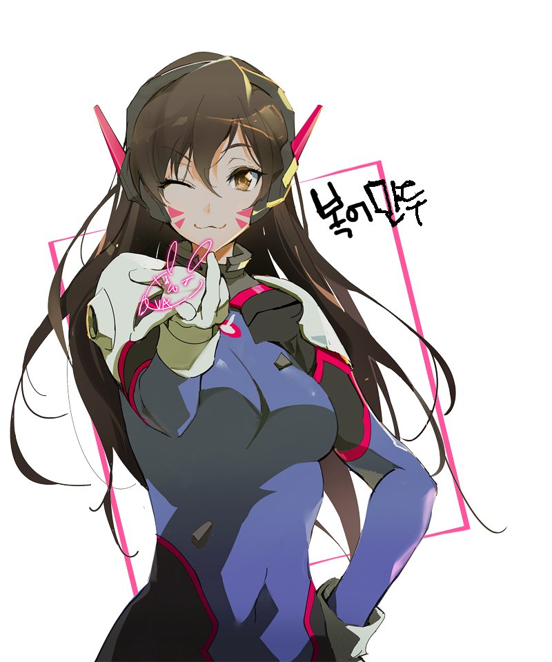 &gt;:3 1girl :3 ;3 animal_print armor bad_id bad_twitter_id bodysuit boots breasts brown_eyes brown_hair character_name covered_navel d.va_(overwatch) facepaint facial_mark female_focus gloves hair_between_eyes hand_on_own_hip headphones high_collar long_hair looking_at_viewer mecha_pilot_suit medium_breasts naye one_eye_closed overwatch overwatch_1 rabbit rabbit_print shoulder_pads smile solo turtleneck upper_body v-shaped_eyebrows weapon whisker_markings white_boots white_gloves