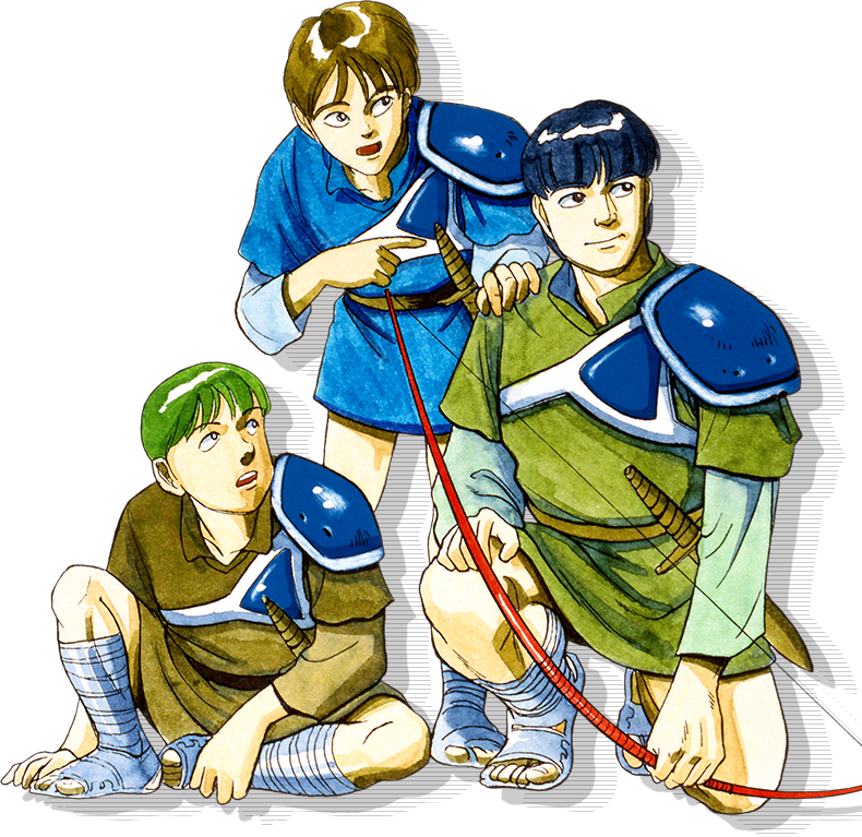 3boys armor artist_request blue_hair blue_shirt breastplate brown_hair brown_shirt fire_emblem fire_emblem_gaiden gray_(fire_emblem) green_hair green_shirt holding holding_weapon kliff_(fire_emblem) looking_to_the_side multiple_boys nintendo official_art on_one_knee open_mouth pauldrons pointing shadow shirt shoulder_armor single_pauldron sitting standing tobin_(fire_emblem) weapon