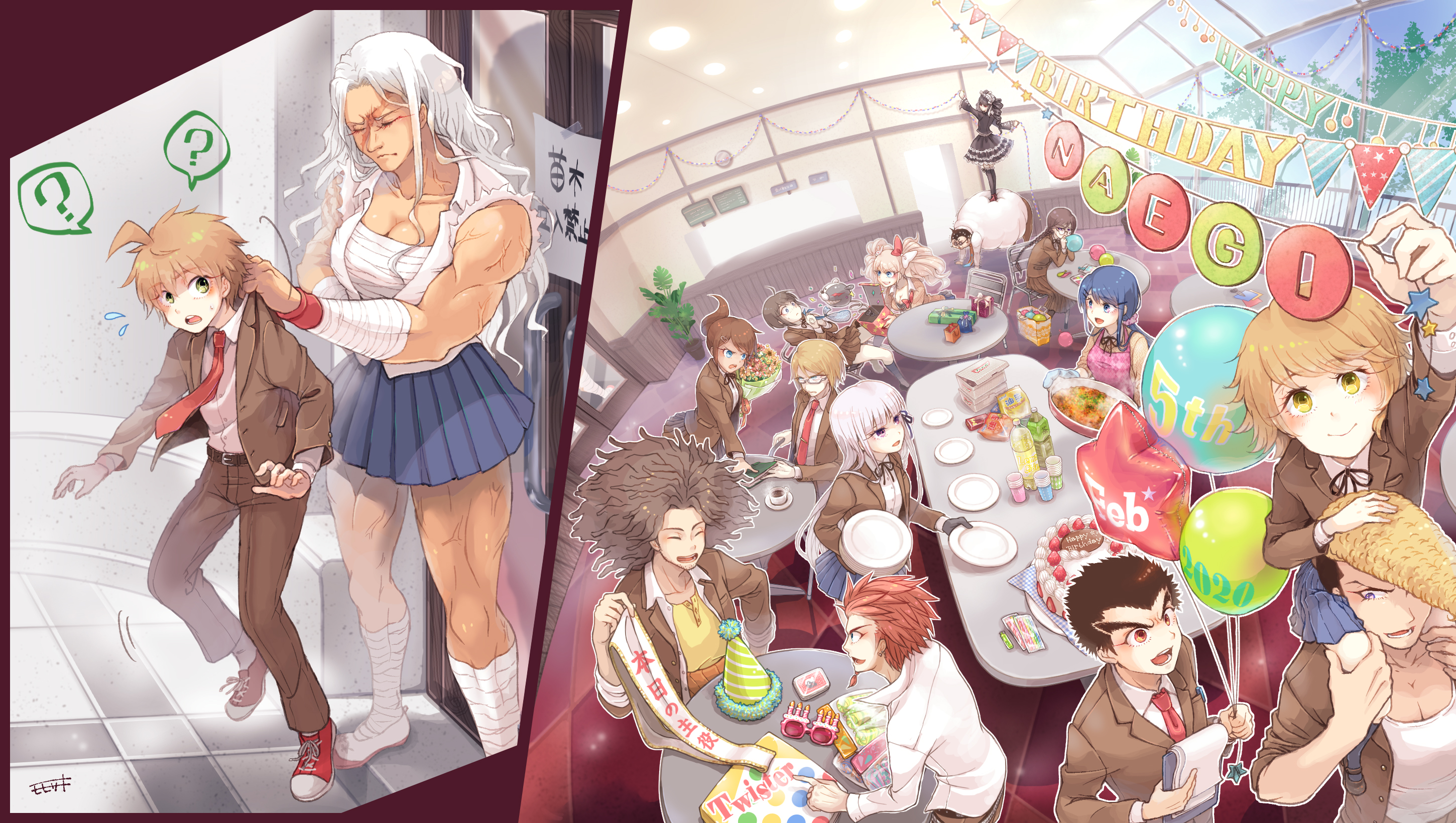6+boys 6+girls ahoge apron asahina_aoi balloon birthday_cake black_gloves black_ribbon blowing blue_eyes blue_hair blue_skirt bouquet braid breasts brown_hair brown_skirt cake carrying celestia_ludenberg cleavage clipboard coffee crossdressing danganronpa:_trigger_happy_havoc danganronpa_(series) enoshima_junko eyelashes facial_hair flower flying_sweatdrops food foreshortening freckles fujisaki_chihiro fukawa_toko glasses gloves goatee green_eyes hagakure_yasuhiro highres holding holding_clipboard ikusaba_mukuro ishimaru_kiyotaka kirigiri_kyoko kuwata_leon maizono_sayaka momosaki_hiromu monokuma multiple_boys multiple_girls muscular muscular_female naegi_makoto necktie ogami_sakura open_mouth owada_mondo piggyback pink_apron plate pompadour railing red_eyes red_necktie red_oven_mitts ribbon sash scar scar_on_face skirt star_balloon table togami_byakuya translation_request trap twin_braids twister v-shaped_eyebrows veins veiny_arms yamada_hifumi