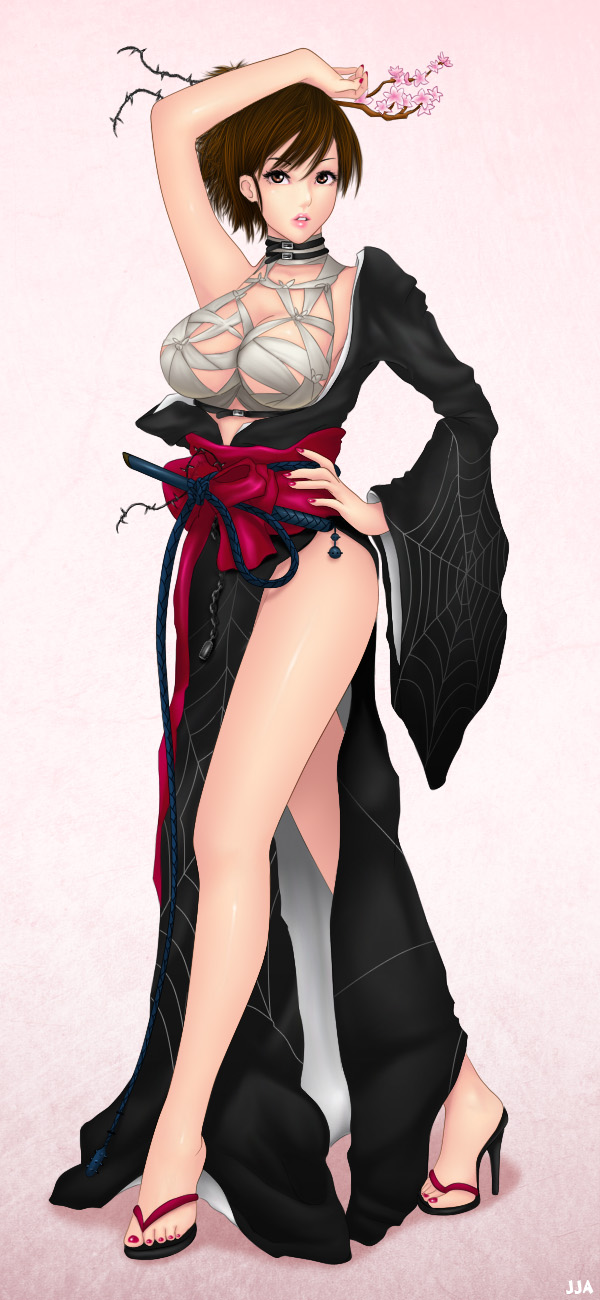 1girl alternate_costume bare_legs breasts brown_eyes brown_hair choker crossed_legs feet female_focus geisha hand_on_own_hip high_heels highres japanese_clothes kazama_asuka khalitzburg_(user_2274420) large_breasts legs lips long_legs nail_polish namco obi off_shoulder open_shoes sandals sarashi sash shoes short_hair side_slit solo standing tekken tekken_5 tekken_5_(dark_resurrection) tekken_tag_tournament_2 thighs toenail_polish toenails toes watson_cross wide_sleeves