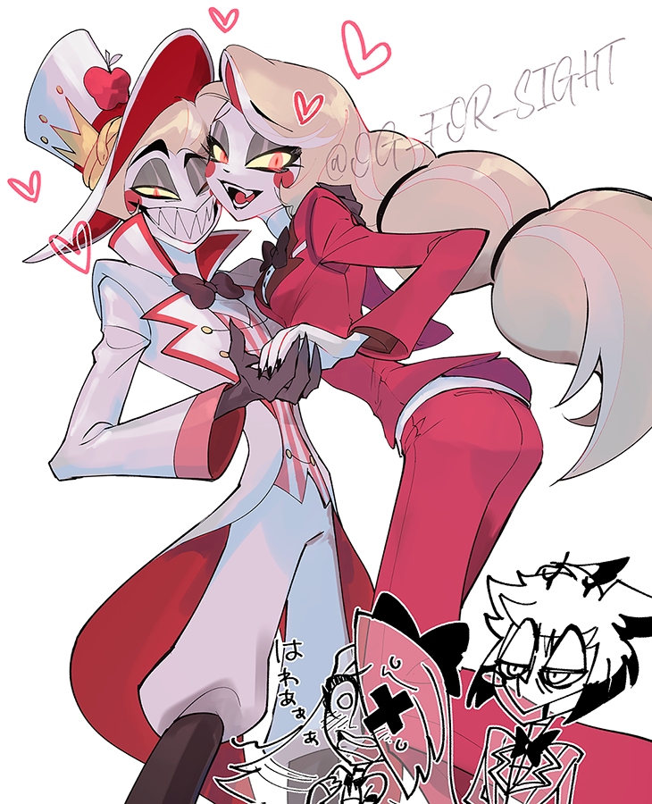 2boys 2girls alastor_(hazbin_hotel) apple ass black_bow black_bowtie black_skin blonde_hair bow bowtie breasts charlie_morningstar colored_sclera colored_skin fangs father_and_daughter feet_out_of_frame food fruit grin hat hazbin_hotel heart jacket long_sleeves lucifer_morningstar_(hazbin_hotel) medium_breasts multiple_boys multiple_girls oji_(og_for_sight) pants red_eyes red_hat red_jacket red_pants red_shirt sharp_teeth shirt short_hair simple_background smile striped_clothes striped_shirt teeth tongue top_hat vaggie white_background white_hat white_jacket white_pants white_shirt white_skin yellow_sclera
