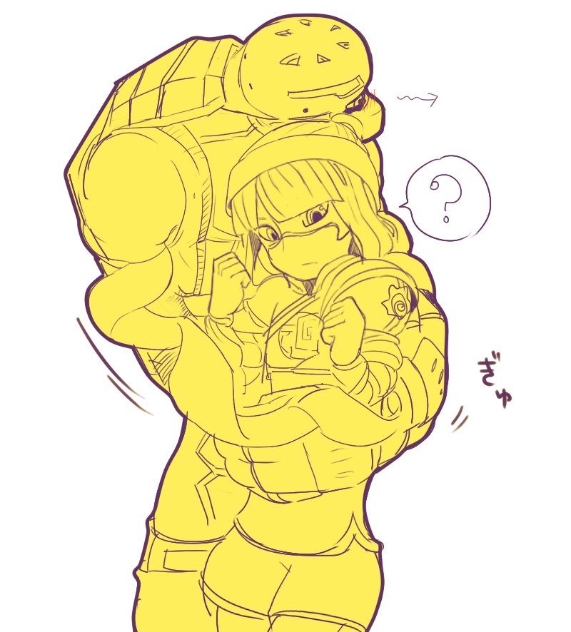 1boy 1girl ? arms_(game) beanie blush bob_cut closed_mouth cowboy_shot hat helmet hetero hug kid_cobra long_arms looking_away looking_down mask min_min_(arms) shanty_(mattariino) shorts spoken_question_mark