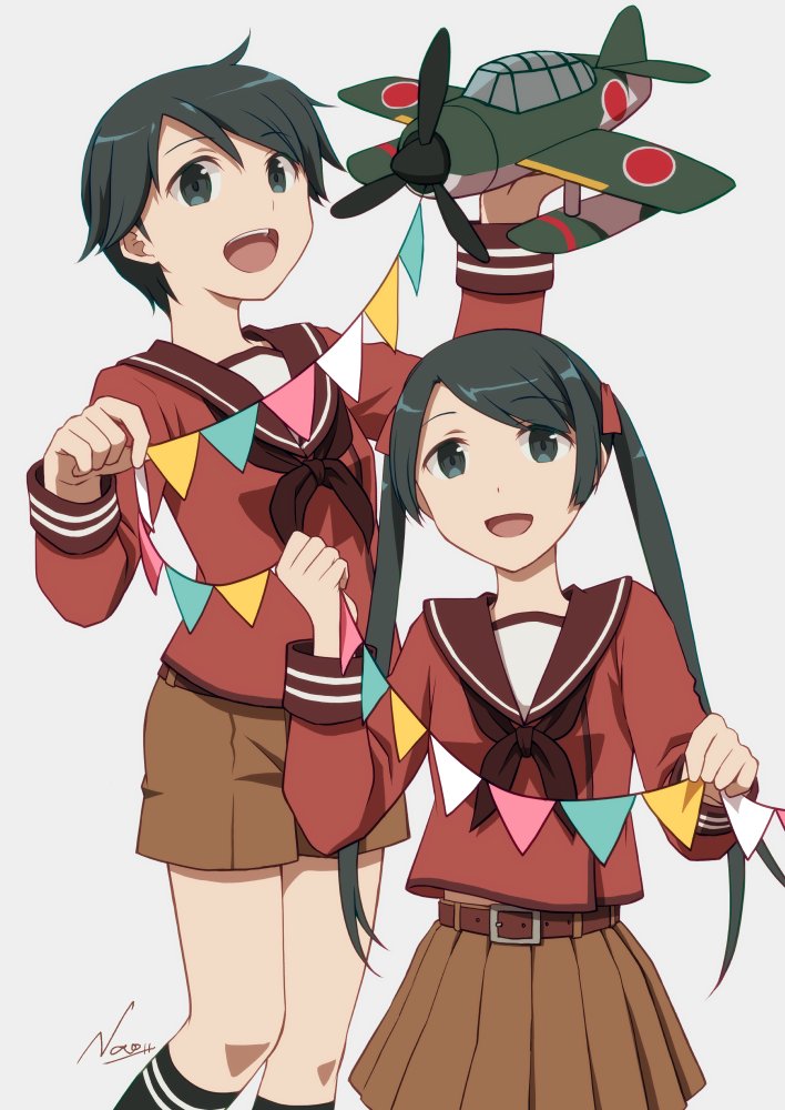 2girls aircraft airplane black_eyes black_hair brown_neckerchief brown_sailor_collar brown_shirt brown_shorts brown_skirt cowboy_shot e16a_zuiun feet_out_of_frame floatplane holding kantai_collection long_hair mikuma_(kancolle) military_vehicle mogami_(kancolle) multiple_girls nao_(nao_eg) neckerchief open_mouth pleated_skirt sailor_collar school_uniform seaplane serafuku shirt short_hair shorts skirt smile string_of_flags toy_airplane twintails