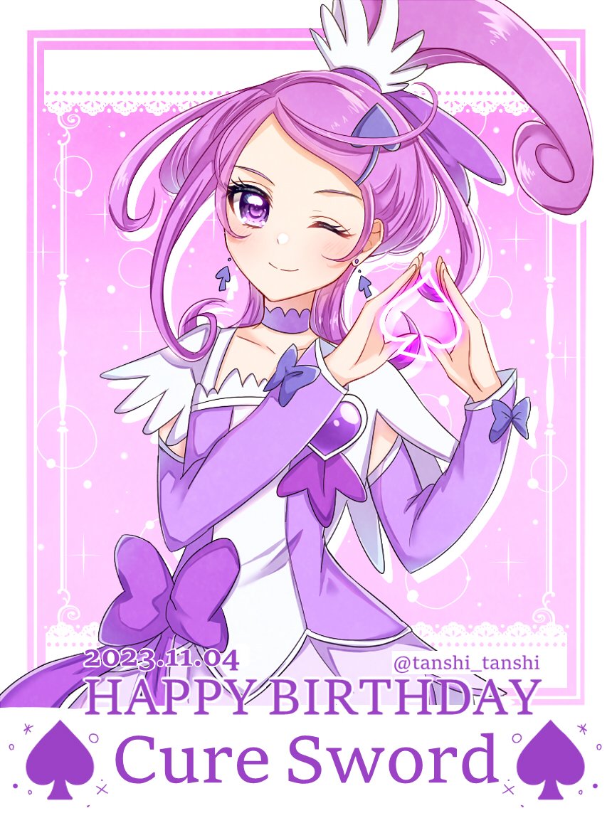 1girl arm_warmers bow brooch character_name choker cure_sword dated dokidoki!_precure earrings hair_ornament happy_birthday heart heart_brooch high_ponytail jewelry kenzaki_makoto magical_girl one_eye_closed ponytail precure purple_background purple_choker purple_hair purple_skirt purple_theme short_hair skirt smile solo spade_(shape) spade_earrings spade_hair_ornament tanshi_tanshi twitter_username upper_body waist_bow