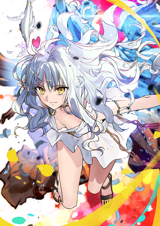 1girl breasts breasts_apart brown_sandals caren_hortensia caren_hortensia_(amor_caren) caren_hortensia_(amor_caren)_(first_ascension) closed_mouth dress dynamic_pose fate/grand_order fate_(series) feathers floating_hair full_body game_cg gold_armlet gold_choker greco-roman_clothes heart long_hair looking_at_viewer loose_clothes morii_shizuki no_bra official_art outstretched_arms sandals short_dress sleeveless sleeveless_dress small_breasts smile solo tassel third-party_source toes white_dress white_hair yellow_eyes