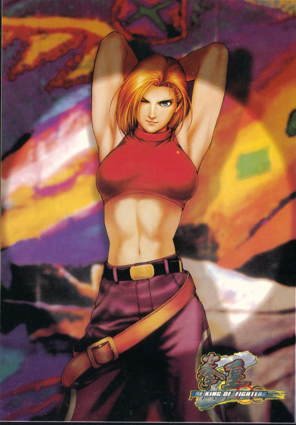 1girl ;) andy_seto armpits belt blonde_hair blue_eyes blue_mary detective fatal_fury female_focus highres midriff official_art one_eye_closed pants smile snk solo tank_top the_king_of_fighters toned