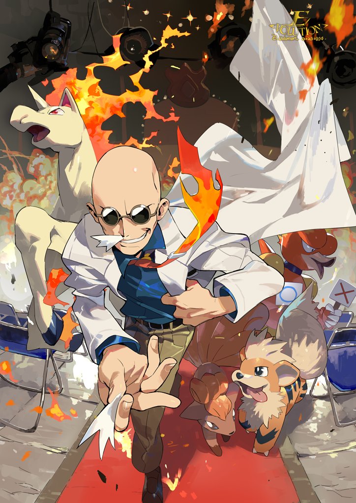 1boy artist_name bald belt belt_buckle black_belt blaine_(pokemon) blue_shirt brown_footwear buckle collared_shirt e_volution facial_hair fire gen_1_pokemon grin growlithe lab_coat long_sleeves magmar male_focus mustache necktie nintendo old old_man orange_necktie pants pokemon pokemon_(creature) pokemon_lgpe rapidash round_eyewear shirt shoes smile standing sunglasses teeth vulpix white_hair