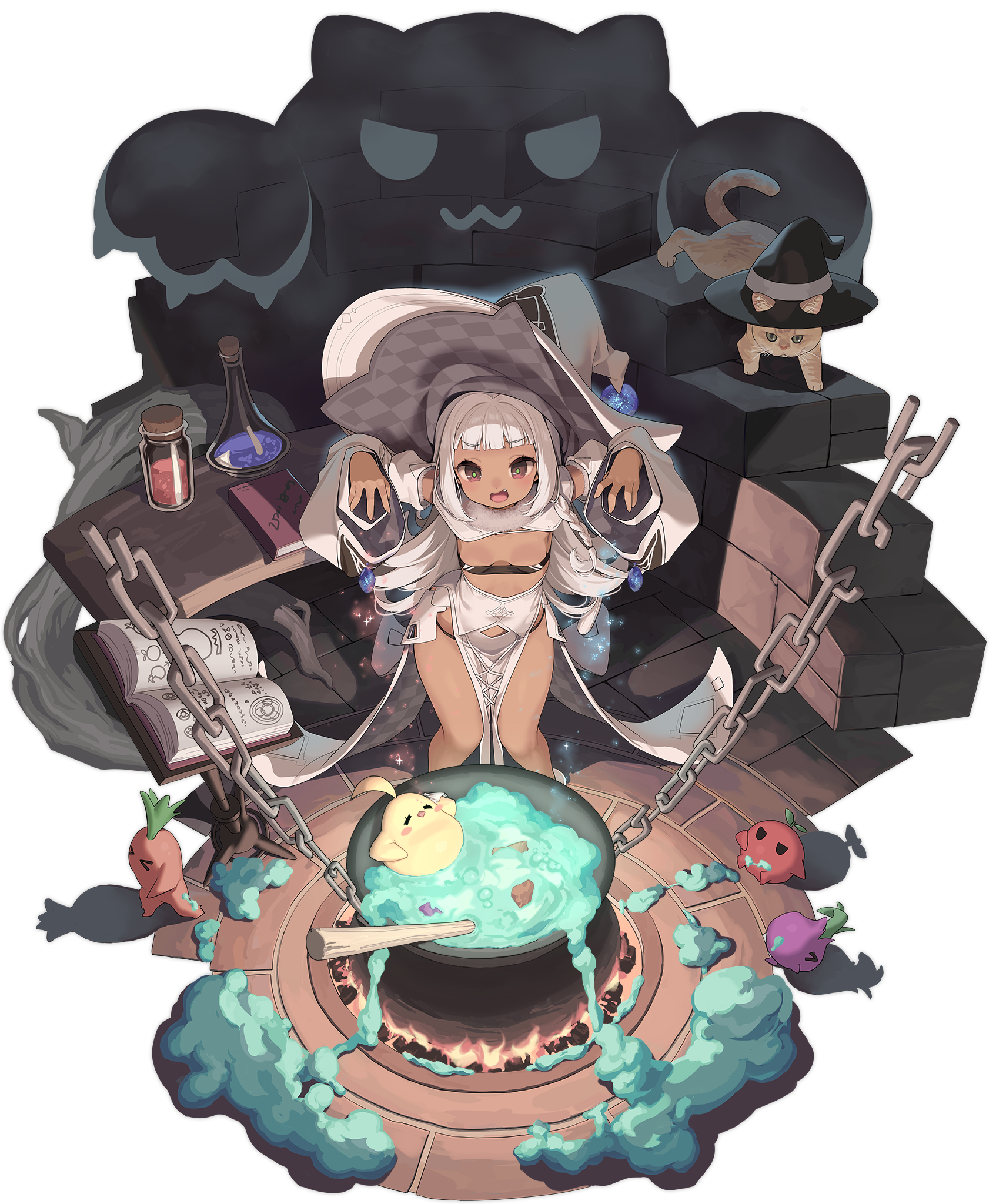 1girl animal azur_lane baby_animal bare_legs bird black_panties blunt_bangs blush book bottle braid breasts brown_eyes candle cat cauldron chain chick cleavage clothing_cutout dark-skinned_female dark_skin detached_sleeves dress fang fire flask from_above green_pupils hands_up hat highres jar large_hat leaning_forward long_dress long_hair long_sleeves looking_at_viewer manjuu_(azur_lane) navel non-web_source nubian_(azur_lane) nubian_(normal_potion_maker)_(azur_lane) official_alternate_costume official_art open_book open_mouth outstretched_arms panties pelvic_curtain potion promotional_art pumpkin revealing_clothes robe side_slit skin_fang small_breasts smile solo sparkle standing table underwear vial white_dress white_hair white_hat white_sleeves wide_sleeves witch witch_hat