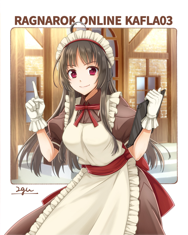 1girl 20nigu ahoge apron black_hair bow bowtie breasts brown_dress building clipboard closed_mouth commentary_request commission cowboy_shot dress english_text engrish_text gloves holding holding_clipboard jasmine_(ragnarok_online) kafra_uniform long_hair looking_at_viewer maid maid_apron maid_headdress medium_breasts pointing pointing_up puffy_short_sleeves puffy_sleeves ragnarok_online ranguage red_bow red_bowtie red_eyes red_sash sash short_sleeves signature skeb_commission smile solo white_apron white_gloves window