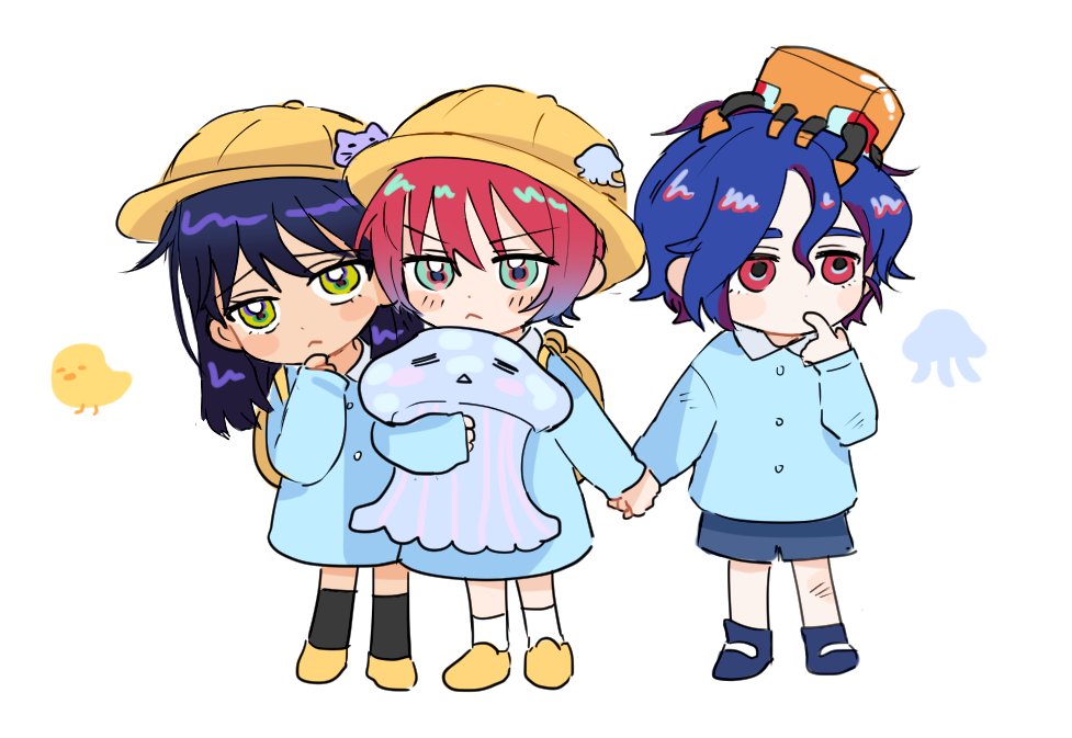 1boy 2girls aged_down amate_yuzuriha aqua_eyes blue_hair blush child colored_inner_hair commentary dress full_body gundam gundam_gquuuuuux hat holding holding_hands holding_stuffed_toy jellyfish long_hair multicolored_hair multiple_girls non-humanoid_robot nyaan_(gundam_gquuuuuux) purple_hair red_eyes red_hair robot school_uniform short_hair shorts shuji_ito stuffed_toy symbol-only_commentary two-tone_hair yellow_eyes yoursansface