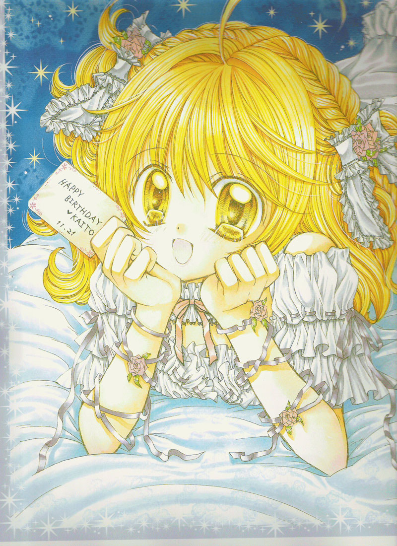 00s ahoge bed blonde_hair braid hanamori_pink letter long_hair mermaid_melody_pichi_pichi_pitch nanami_lucia official_art ribbon side_braid solo yellow_eyes