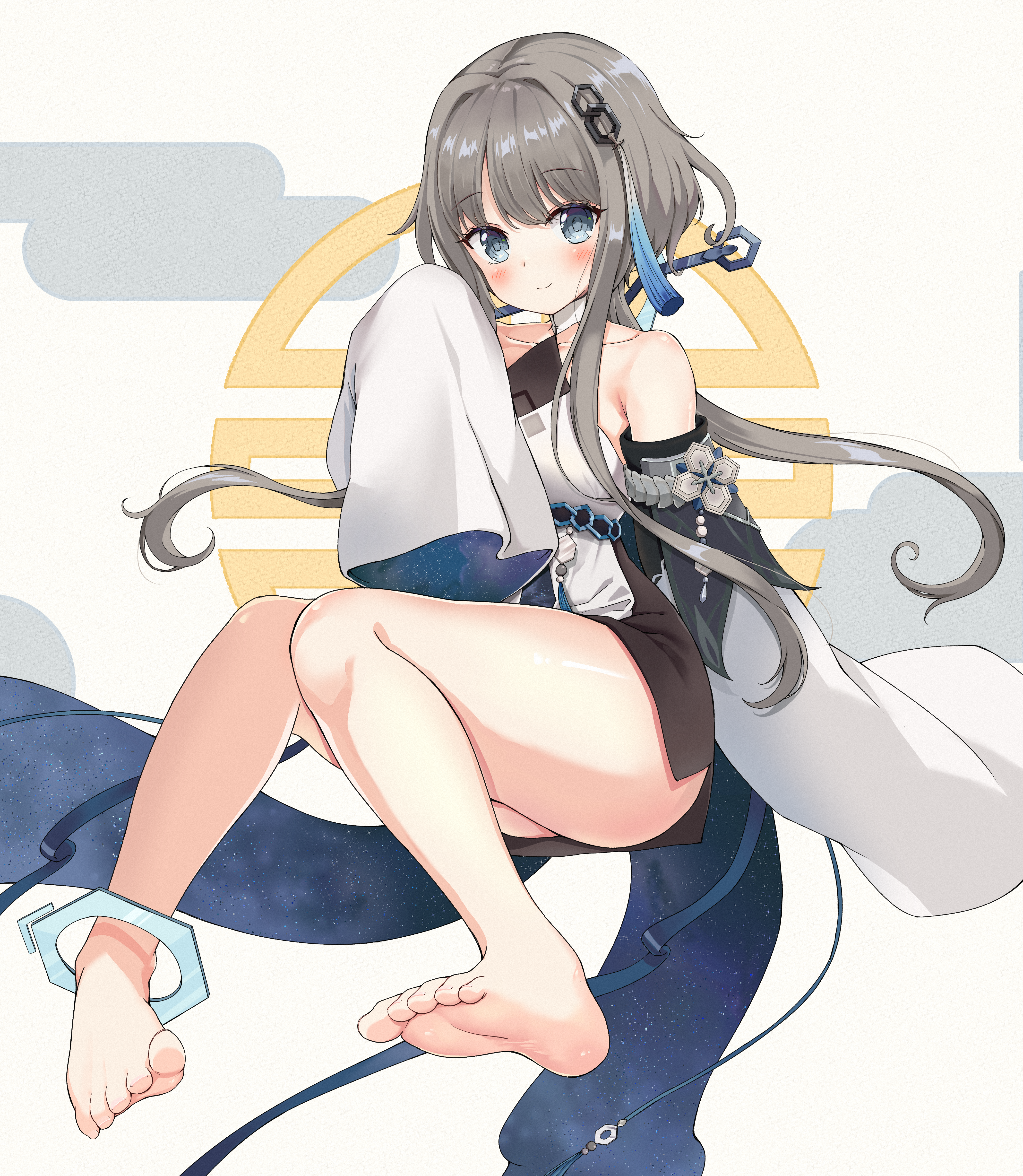 1girl absurdres bare_shoulders barefoot blue_eyes blush breasts closed_mouth deerwater detached_sleeves dress genshin_impact grey_hair guizhong_(genshin_impact) hair_ornament highres long_hair long_sleeves looking_at_viewer multicolored_hair presenting short_hair_with_long_locks sleeves_past_fingers sleeves_past_wrists smile solo tassel tassel_hair_ornament toes white_dress wide_sleeves