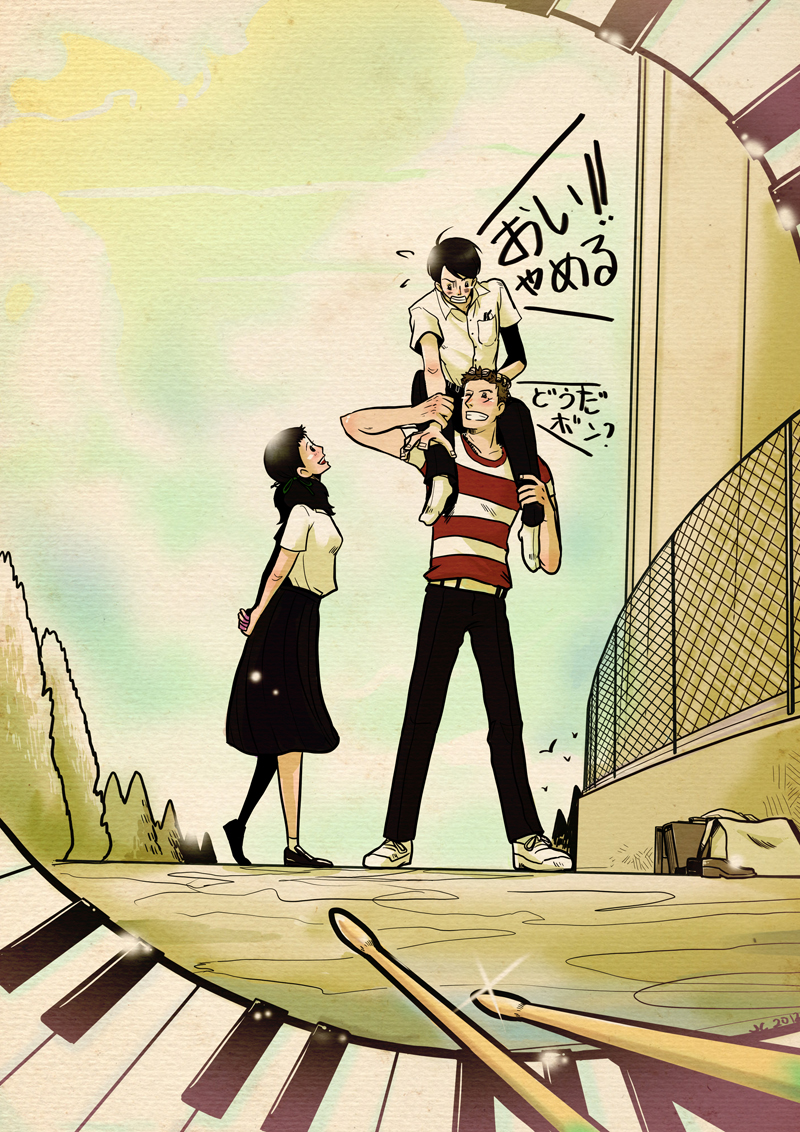 1girl 2boys artist_request black_hair blonde_hair carrying carrying_person cross_scar drumsticks eye_contact facial_scar flying_sweatdrops full_body glasses hair_ribbon kawabuchi_sentarou looking_at_another mukae_ritsuko multiple_boys nishimi_kaoru on_shoulder outdoors piano_keys piggyback ribbon sakamichi_no_apollon scar scar_on_cheek scar_on_face shirt short_hair short_twintails shoulder_carry sitting_on_shoulder skirt smile striped_clothes striped_shirt translated twintails