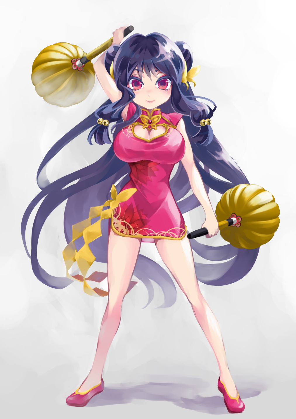 1girl bell bow breasts chinese_clothes chui_(weapon) cleavage cleavage_cutout clothing_cutout double_bun dress hair_bell hair_bow hair_bun hair_ornament highres himerinco holding holding_weapon large_breasts long_hair purple_hair ranma_1/2 red_dress red_footwear shampoo_(ranma_1/2) sidelocks smile weapon yellow_bow