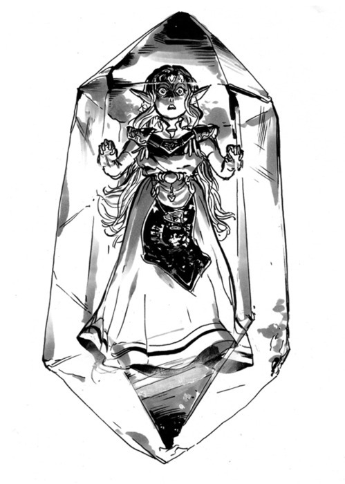 1girl abstract_background armor belt commentary diadem dress earrings elbow_gloves english_commentary gloves greyscale high_collar japanese_clothes jewelry long_dress long_hair long_sidelocks looking_at_viewer marker_(medium) monochrome nintendo off-shoulder_dress off_shoulder open_mouth pauldrons pointy_ears princess princess_zelda rebecca_sugar shoulder_armor sidelocks solo strapless strapless_dress surprised teeth the_legend_of_zelda the_legend_of_zelda:_ocarina_of_time traditional_media triforce triforce_print undershirt upper_teeth_only very_long_hair white_background