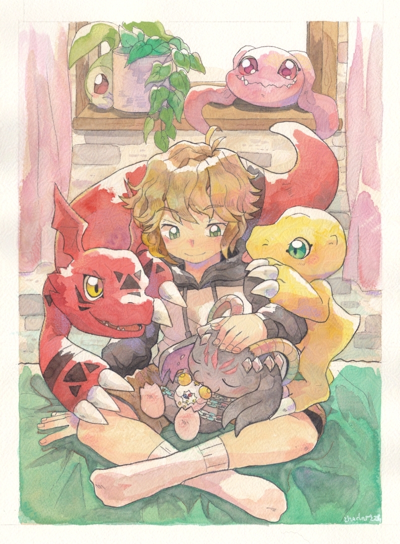 1boy agumon belphemon belphemon_sleep_mode black_hood black_sleeves border brown_hair chibicheu claws clock digimon digimon_(creature) digital_hazard green_eyes guilmon hood hood_down hoodie horns indoors koromon outside_border plant potted_plant raglan_sleeves sitting sleeping socks tanemon white_border white_hoodie white_socks
