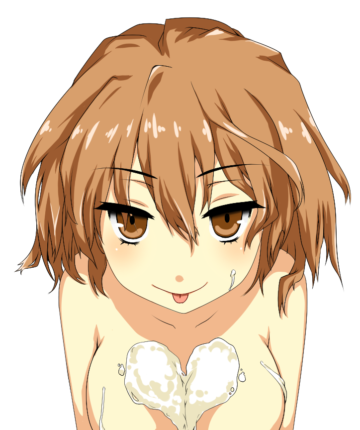 1girl alternate_eyebrows breasts brown_eyes brown_hair closed_mouth commentary_request hair_between_eyes heart i.u.y large_breasts light_blush looking_at_viewer medium_hair messy_hair misaka_worst mismatched_eyebrows nude simple_background smile solo toaru_majutsu_no_index tongue tongue_out upper_body white_background