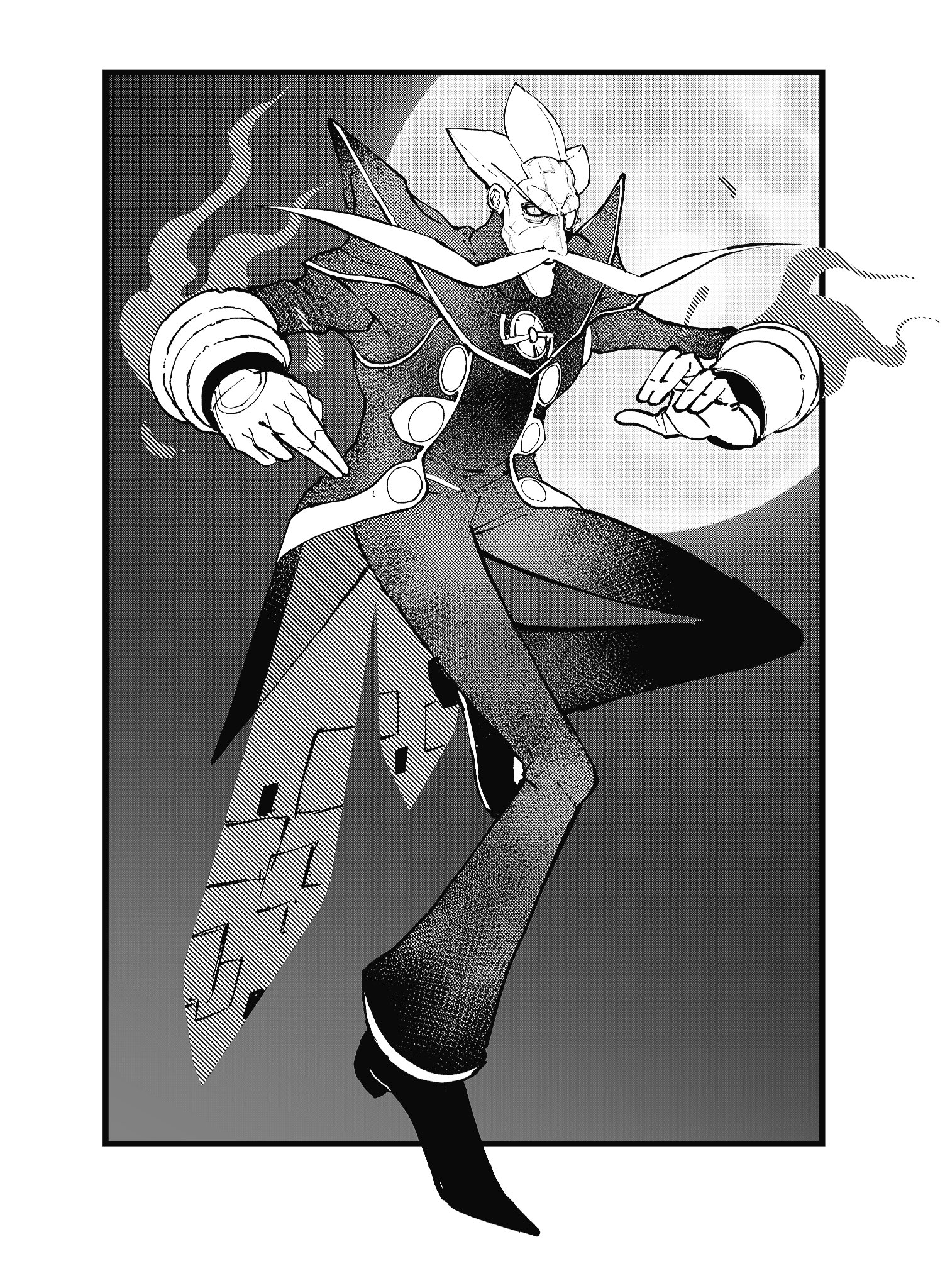 1boy arlon_(kid_icarus) arlon_(kid_icarus) facial_hair full_body gloves greyscale highres kid_icarus kid_icarus_uprising male_focus monochrome monocle moon mustache nikukaiq nintendo solo