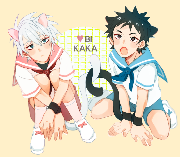 2boys aged_down animal_ears black_hair cat_boy cat_ears cat_tail full_body grey_hair hatake_kakashi male_focus multiple_boys naruto_(series) naruto_shippuuden open_mouth shoes short_hair short_sleeves shorts sitting socks tail uchiha_obito vosovic wariza