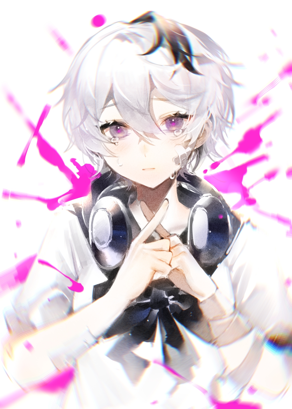 1girl bandaged_arm bandages bandaid bandaid_on_face black_bow black_bowtie black_hair blood bow bowtie commentary crossed_bandaids crossed_fingers crying flower_(vocaloid) flower_(vocaloid4) headphones headphones_around_neck highres long_sleeves multicolored_hair pink_blood shirt short_hair shu_(pjxv7485) simple_background solo streaked_hair tears upper_body venom_(vocaloid) vocaloid white_background white_hair white_shirt x_fingers