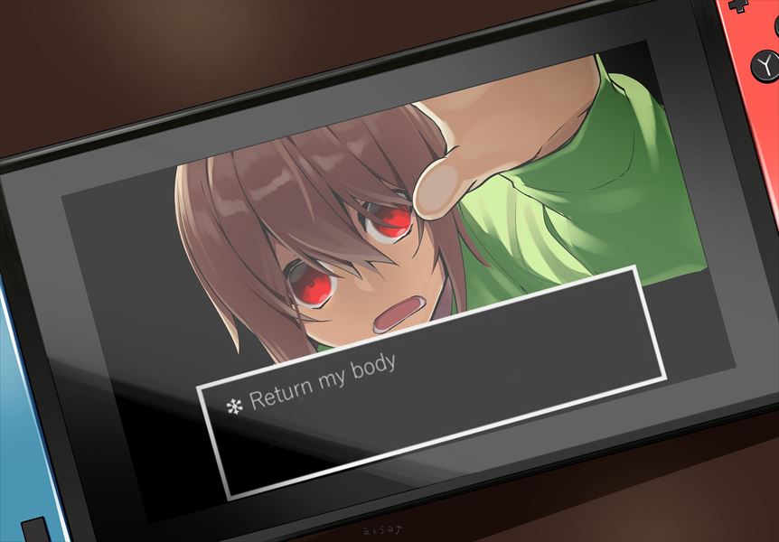 1other against_fourth_wall against_glass deltarune english_text facing_viewer fourth_wall game_console hair_between_eyes hand_on_glass hp_nokoketaetouyona kris_(deltarune) looking_at_viewer nintendo_switch open_mouth reaching reaching_towards_viewer red_eyes screen short_hair